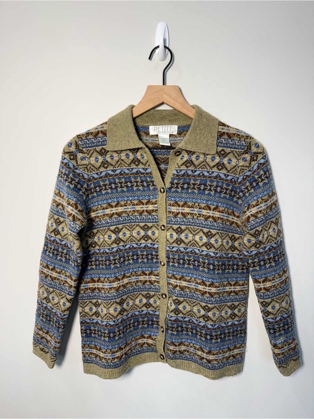 Vintage Petite Sophisticate 100% Lambswool Fair Isle Cardigan Petite Small